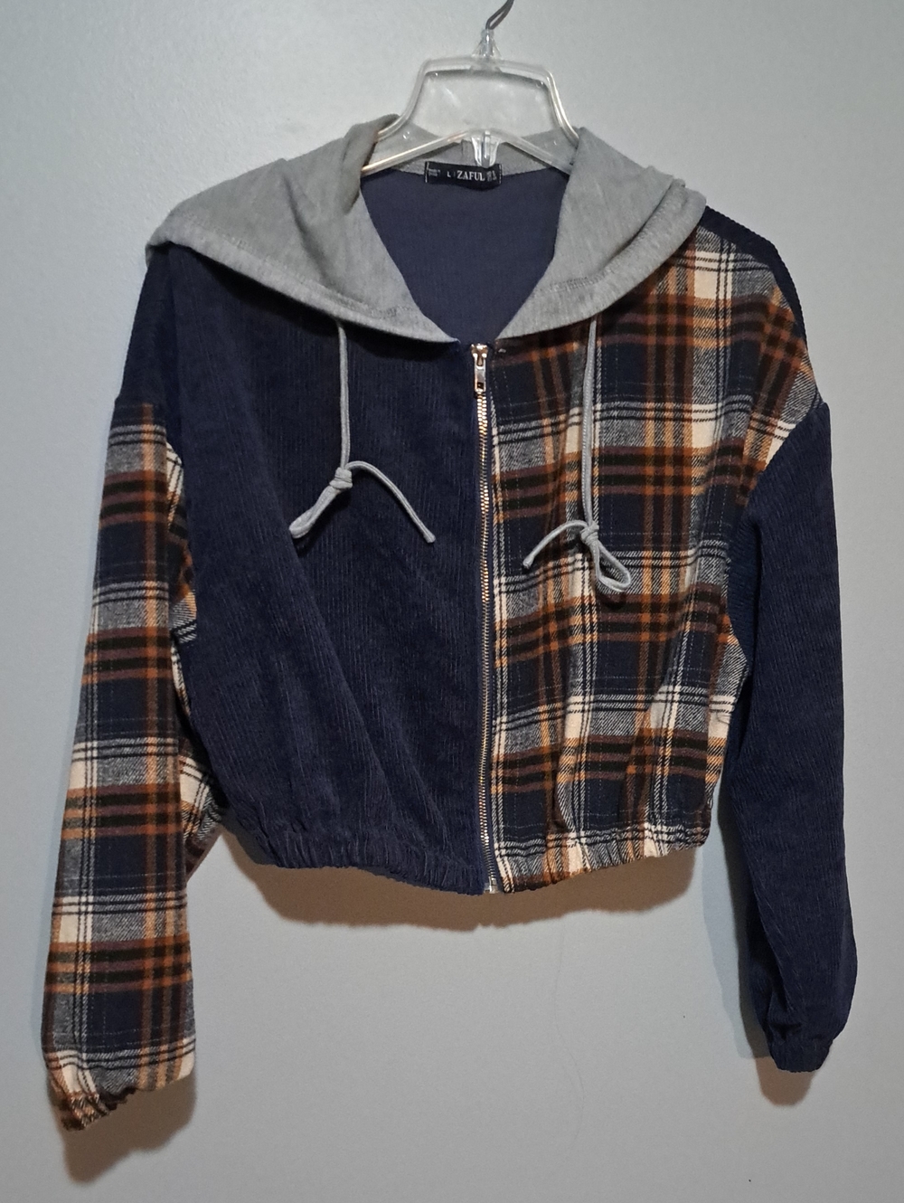 Zaful Navy, Gray & Brown Plaid Mixed-Media Zipper Hoodie